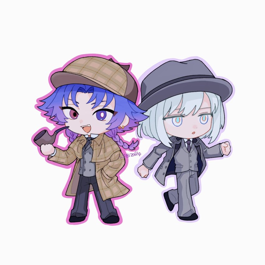 2boys, black_necktie, black_pants, braid, bright_pupils, character_name, chibi, chibi_only