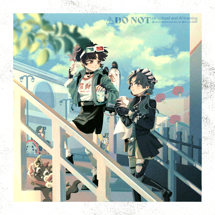 3d_glasses, 4girls, :o, absurdres, an-an_lee, backpack, bag, bell_jar