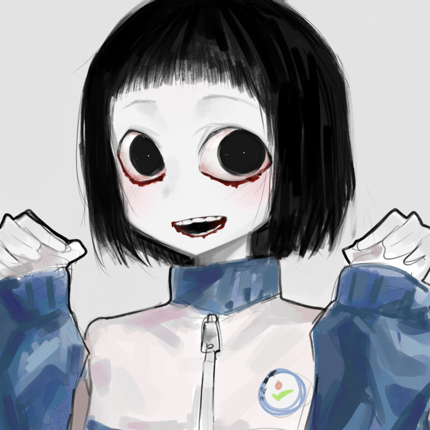 1girl, ahenobarbus_henocied, black_eyes, black_hair, blood, blood_from_mouth, bloody_tears, blue_sleeves, bob_cut, clenched_hands, colored_skin, commentary_request, creepy_eyes, creepypasta, grey_background, hands_up, highres, horror_(theme), jacket, jersey, long_sleeves, looking_at_viewer, open_mouth, original, qjrs4221, short_hair, simple_background, smile, solo, teeth, track_jacket, upper_body, white_jacket, white_skin, zipper
