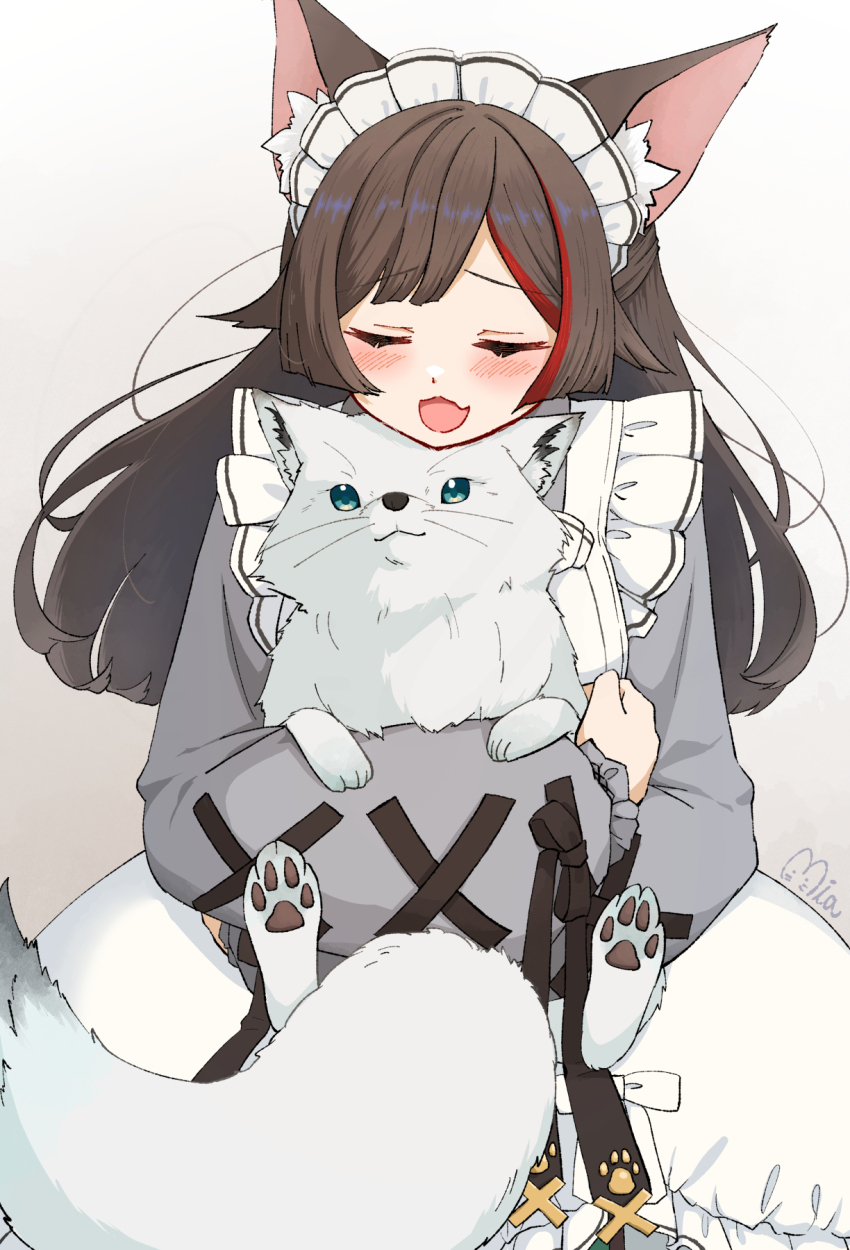 2girls, animal, animal_ear_fluff, animal_ears, animalization, apron, aqua_eyes, black_hair