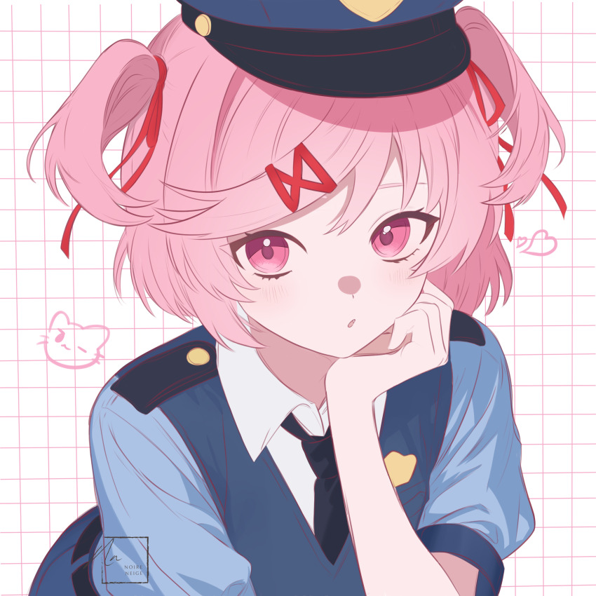 1girl, :o, absurdres, badge, belt, bob_cut, doki_doki_literature_club, grid_background