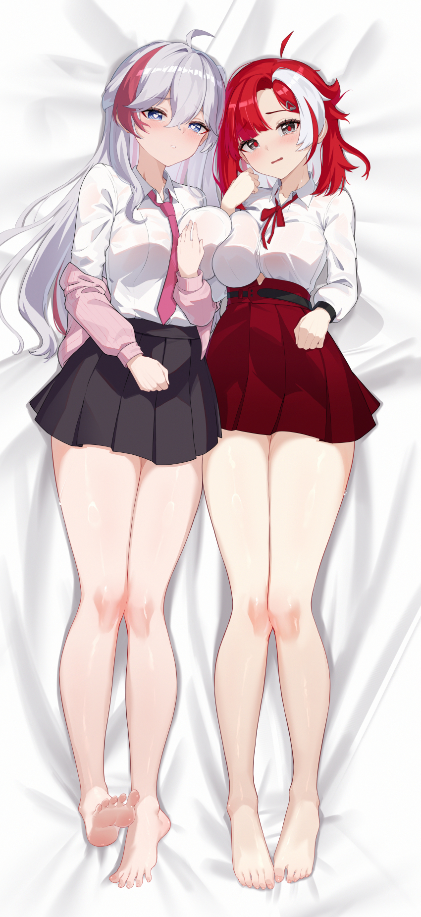 2girls, absurdres, ahoge, asymmetrical_bangs, asymmetrical_docking, asymmetrical_hair, bed_sheet, belt