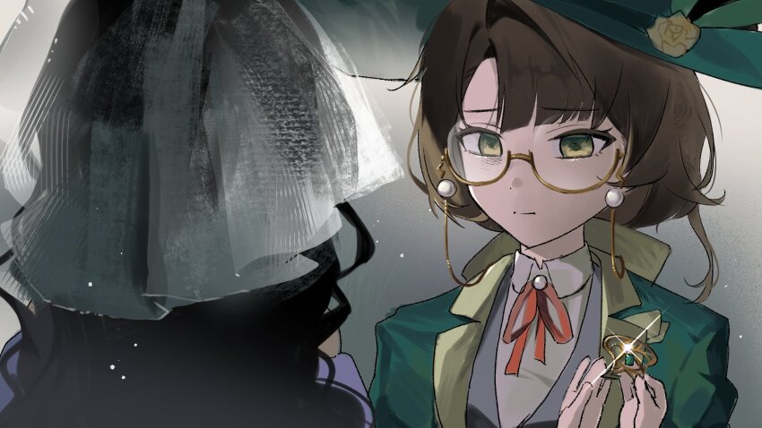 2girls, black_hair, brown_hair, closed_mouth, collared_shirt, dress, eyewear_strap, face-to-face