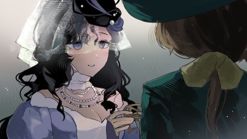 2girls, bare_shoulders, black_hair, black_hat, breasts, brown_hair, cleavage, dress