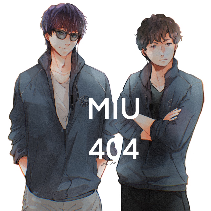 2boys, adam's_apple, artist_name, black-framed_eyewear, black_jacket, black_pants, black_shirt, brown_eyes