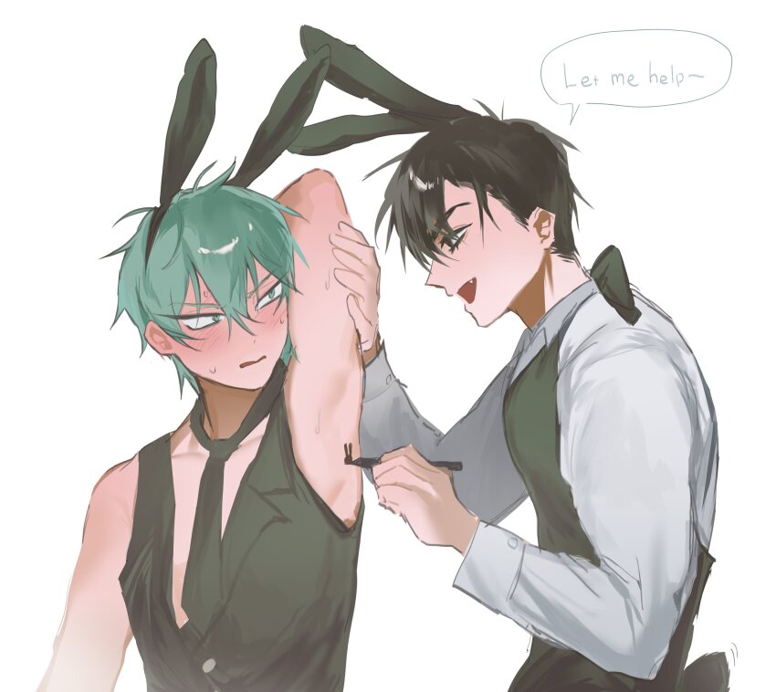 2boys, absurdres, alien_stage, animal_ears, armpits, black_eyes, black_hair, black_necktie