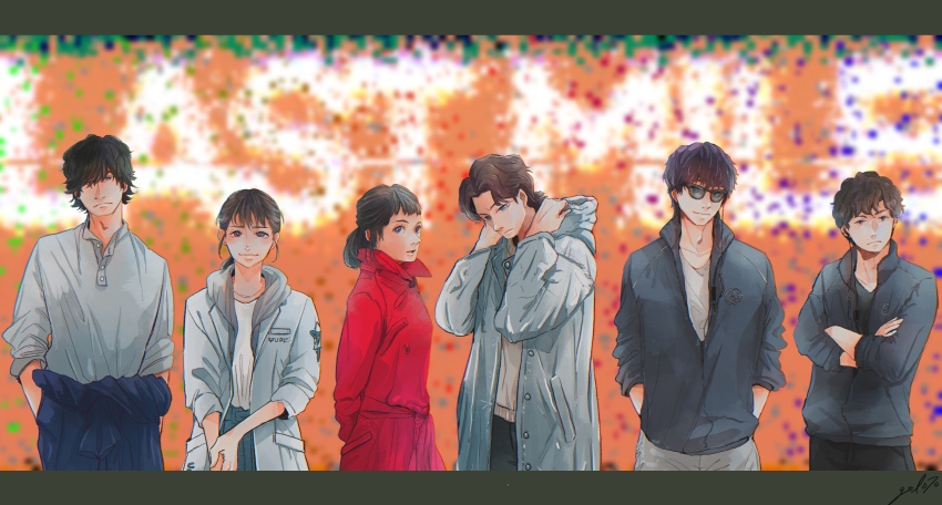 2girls, 4boys, absurdres, adam's_apple, adjusting_hood, arms_behind_back, artist_name, black-framed_eyewear