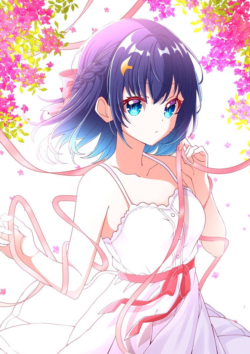 1girl, absurdres, bare_shoulders, blue_eyes, blue_hair, bow, braid, breasts