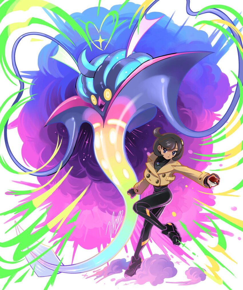 1girl, beak, black_bodysuit, black_hair, blawn_z, blue_eyes, bodysuit, bodysuit_under_clothes, breasts, brown_jacket, closed_mouth, dark-skinned_female, dark_skin, emma_(pokemon), full_body, gen_6_pokemon, gloves, heart, highres, holding, holding_poke_ball, jacket, malamar, mega_malamar, mega_pokemon, mega_stone, nintendo, open_mouth, poke_ball, poke_ball_(basic), pokemon, pokemon_(creature), pokemon_legends:_z-a, purple_eyes, short_hair, squid, tentacles, yellow_eyes