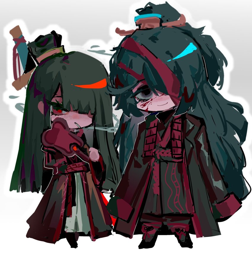 1boy, 1girl, bandage_over_one_eye, black_eyes, black_hair, black_hanfu, blood, blood_on_face, chibi, chinese_clothes, coat, coat_on_shoulders, cosplay, ehooooooost, hongyuan_(identity)_(project_moon), full_body, grey_background, hair_over_one_eye, hand_fan, hanfu, high_ponytail, highres, holding, holding_fan, hong_lu_(project_moon), limbus_company, long_hair, long_sleeves, looking_at_viewer, ponytail, project_moon, red_eyes, red_sash, red_streaks, ryoshu_(project_moon), sash, simple_background, smoking, standing, stole, white_background, zigong_(project_moon), zigong_(project_moon)_(cosplay)