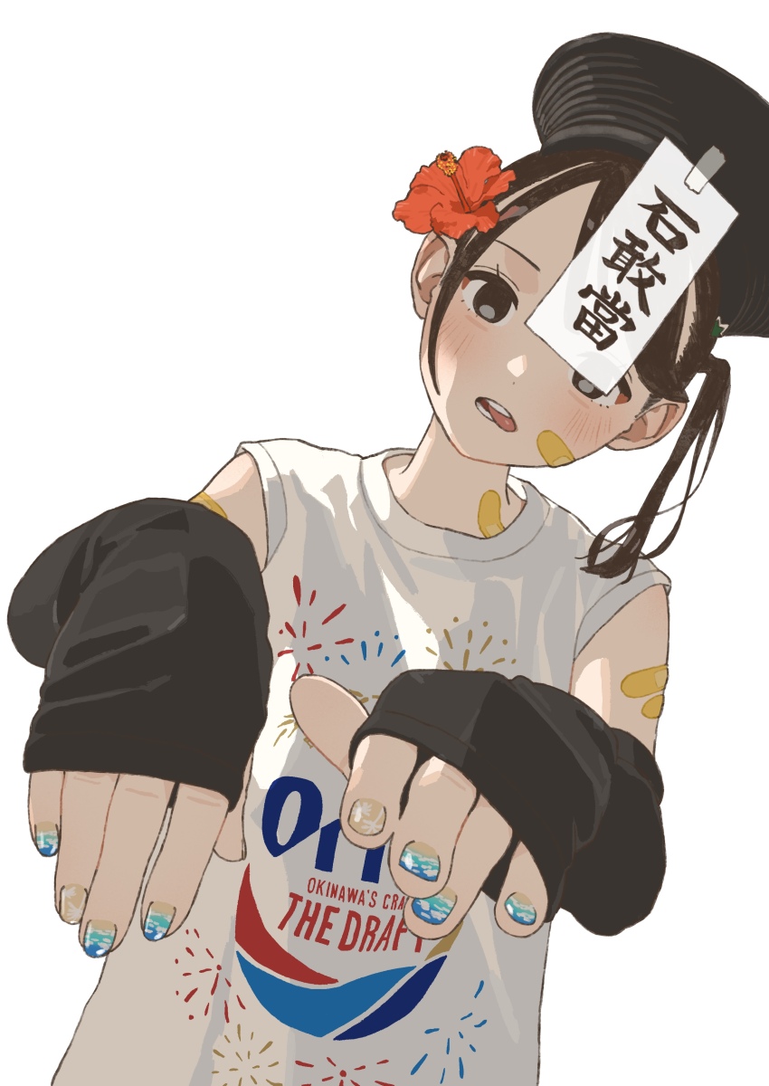 1girl, absurdres, bandaid, bandaid_on_arm, bandaid_on_cheek, bandaid_on_face, black_hat, blue_nails, brown_eyes, brown_hair, detached_sleeves, flower, hair_flower, hair_ornament, hat, highres, jiangshi, light_blush, long_hair, long_sleeves, looking_at_viewer, mashiro_ka, matsushima_seika_(mashiro_ka), ofuda, open_mouth, original, red_flower, shirt, side_ponytail, simple_background, talisman, teeth, tongue, tongue_out, white_background, white_shirt