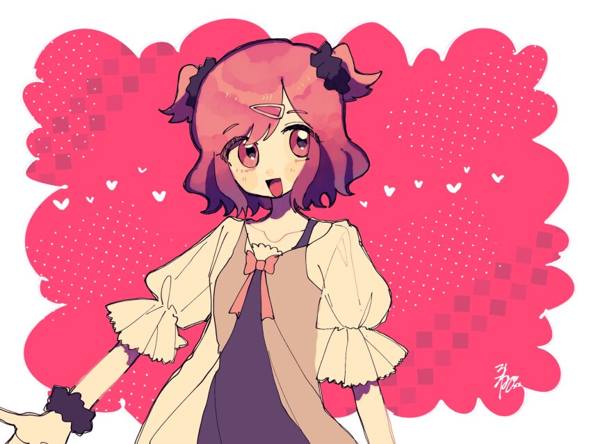 1girl, :d, arm_at_side, black_camisole, black_scrunchie, blush, border, bow