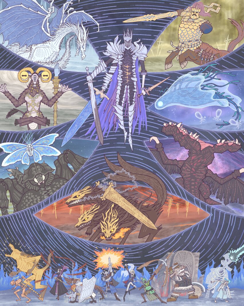 3girls, 6+boys, absurdres, adel_(elden_ring), animal_head, arm_mounted_weapon, armor, arms_up