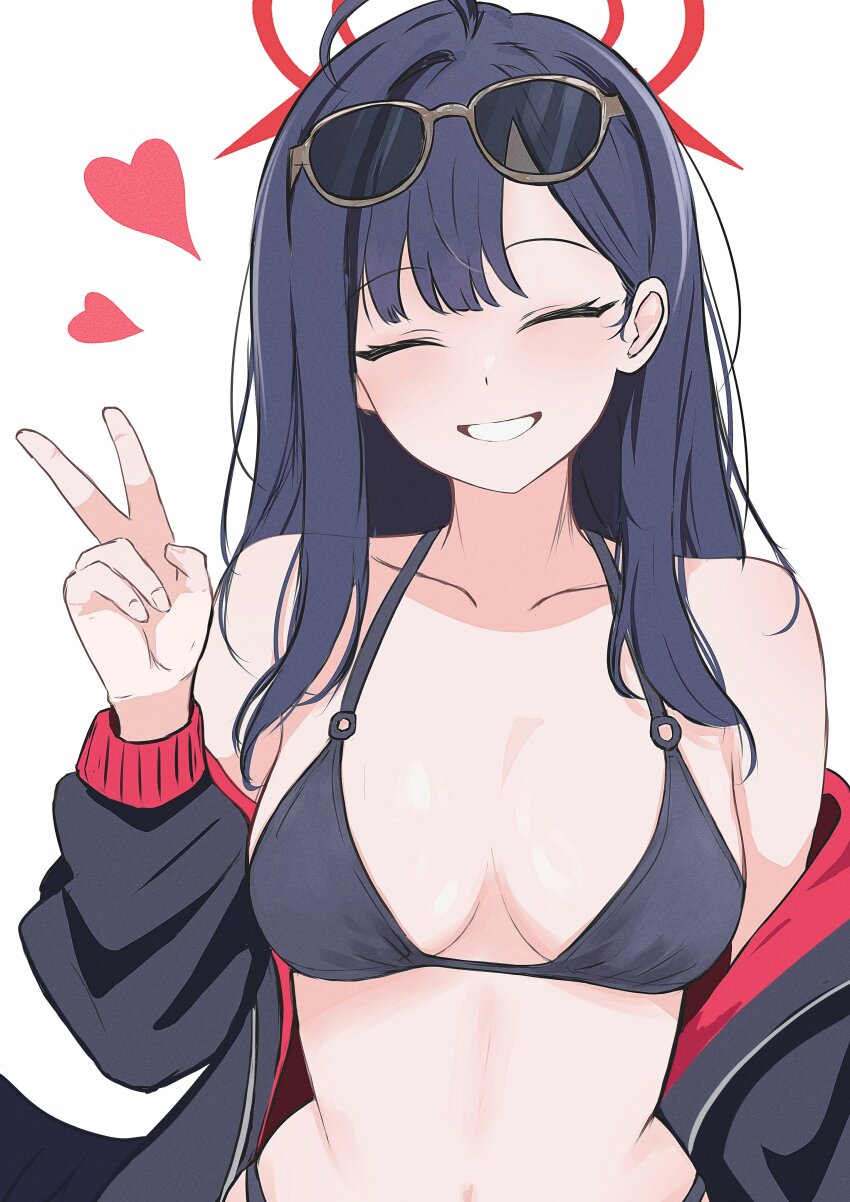 1girl, :d, ^_^, absurdres, ahoge, bare_shoulders, bikini, black_bikini, black_cardigan, black_hair, blue_archive, blunt_bangs, blush, breasts, breasts_apart, cardigan, cardigan_partially_removed, closed_eyes, collarbone, commentary_request, eyelashes, facing_viewer, grin, halo, halterneck, hand_up, happy, heart, highres, himmel_gewalt, ichika_(blue_archive), ichika_(swimsuit)_(blue_archive), large_breasts, long_hair, long_sleeves, navel, o-ring, o-ring_bikini, o-ring_top, official_alternate_costume, open_cardigan, open_clothes, open_mouth, red_halo, sidelocks, simple_background, single_hair_intake, smile, solo, stomach, straight_hair, swimsuit, upper_body, v, white_background