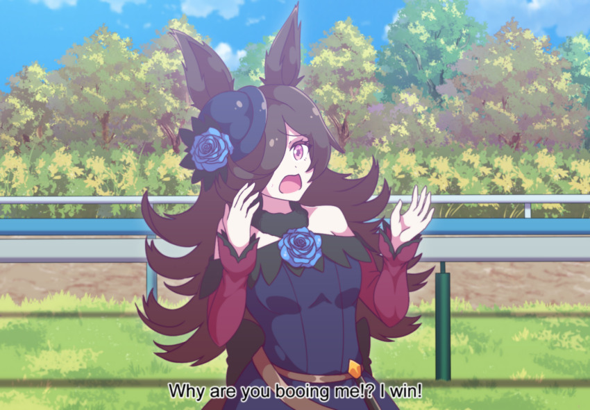 1girl, animal_ears, blue_flower, blue_rose, brown_hair, dress, fake_subtitles, flipped_hair