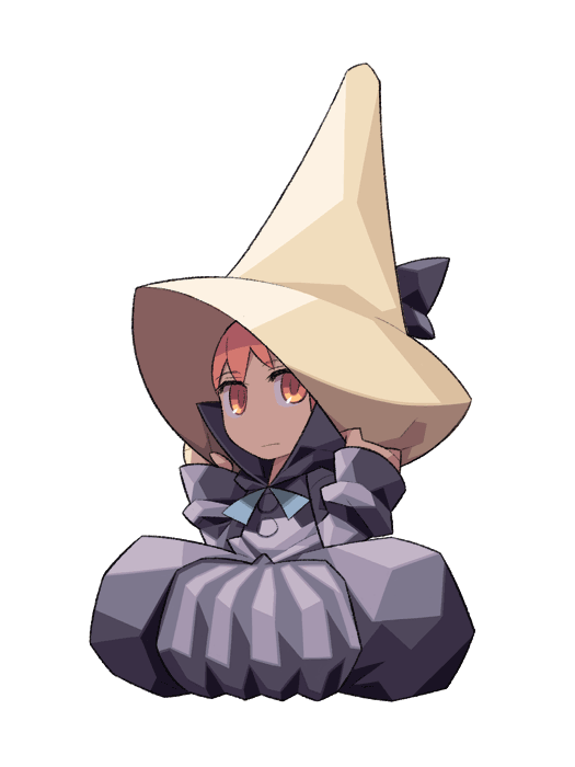 1girl, anime_coloring, archived_source, black_bow, black_coat, black_mage_(final_fantasy), black_sleeves, blue_ribbon, bow, buttons, closed_mouth, coat, coat_ribbon, collared_coat, deformed, expressionless, final_fantasy, final_fantasy_iii, full_body, grey_skirt, hat, hat_bow, hat_grab, high_collar, itsumo_nokoru, looking_at_viewer, no_nose, orange_eyes, orange_hair, popped_collar, refia, ribbon, simple_background, sitting, skirt, sleeves_past_wrists, solo, square_enix, tall_hat, white_background, yellow_eyes