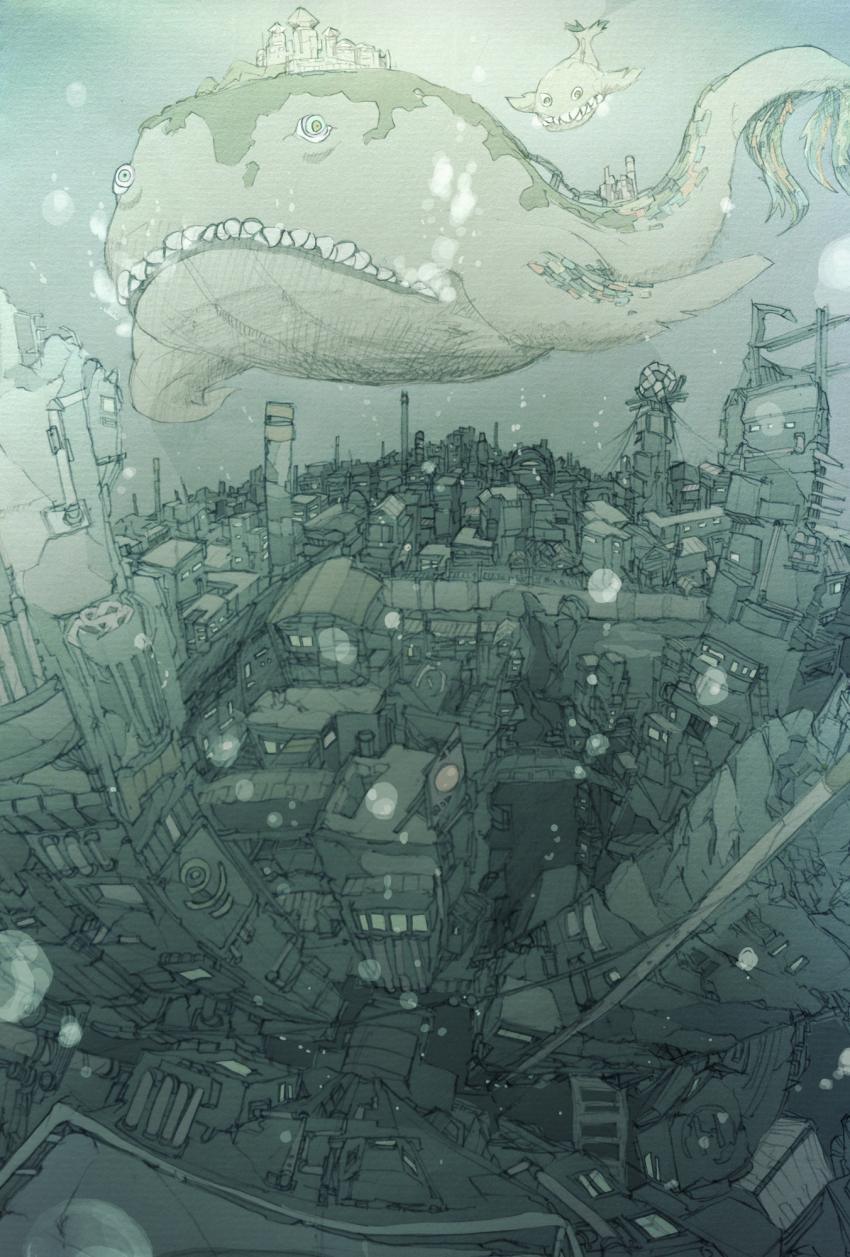 air_bubble, bridge, bubble, building, city, commentary_request, creature, green_theme