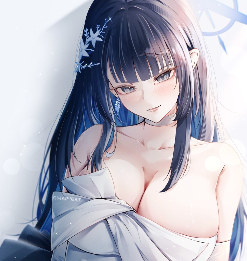 1girl, bare_shoulders, black_hair, blue_archive, blue_eyes, blue_hair, blue_halo, breasts