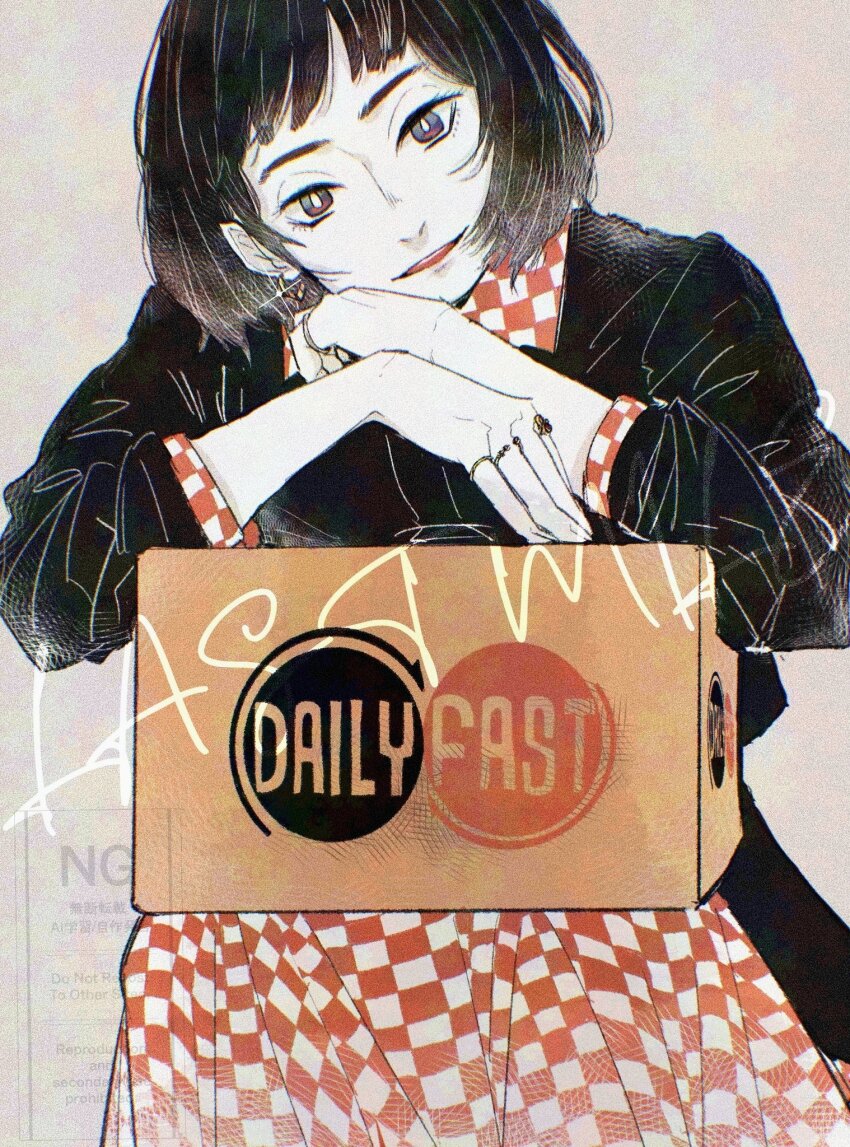 1girl, arm_rest, black_eyes, black_hair, black_shirt, box, cardboard_box, checkered_clothes