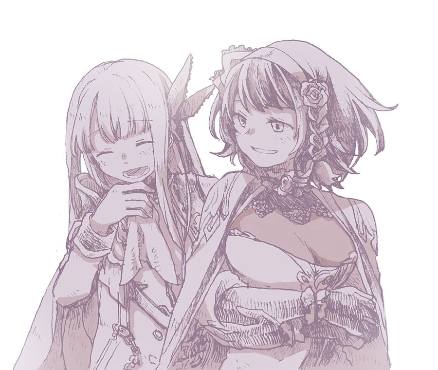 2girls, :d, another_eden, ascot, blush, braid, breasts, cape