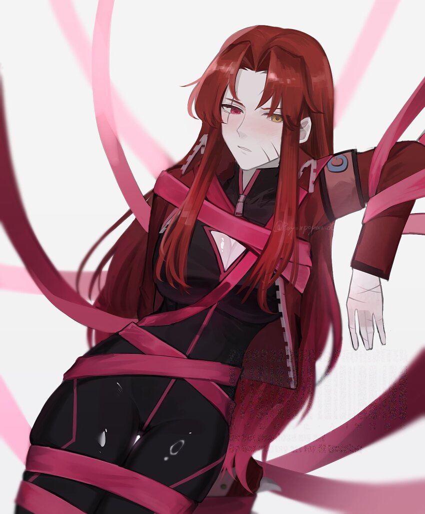 1girl, armband, black_bodysuit, bodysuit, bound, breasts, cleavage, cleavage_cutout, clothing_cutout, e.g.o_(project_moon), gebura_(project_moon), heterochromia, highres, jacket, large_breasts, lobotomy_corporation, long_hair, long_sleeves, looking_at_viewer, parted_bangs, pink_eyes, pink_ribbon, project_moon, red_armband, red_hair, red_jacket, ribbon, rinne_(poyonpoyon_o0), roseate_desire_(e.g.o), scar, scar_across_eye, scar_on_face, simple_background, solo, standing, tied_up_(nonsexual), upper_body, yellow_eyes