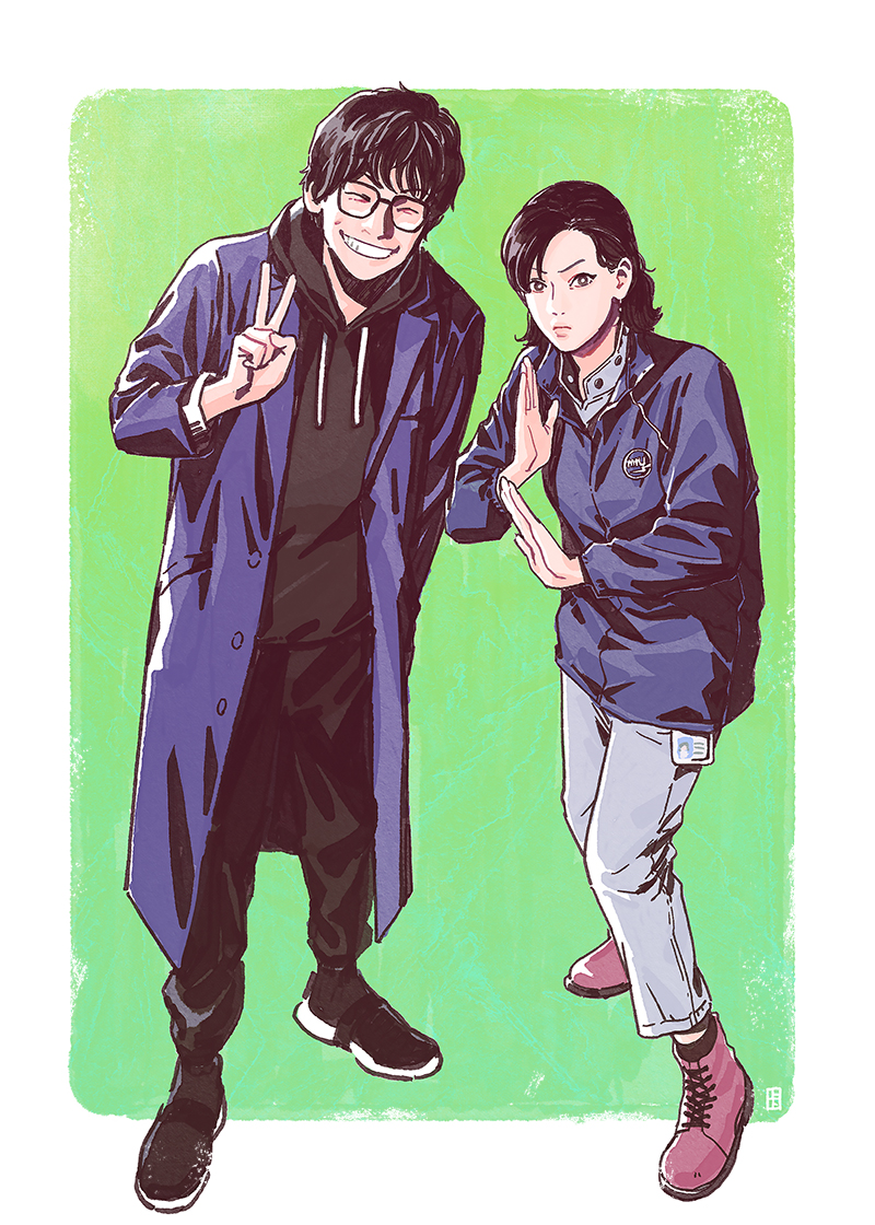 1boy, 1girl, :d, a-ka, asymmetrical_bangs, black-framed_eyewear, black_hair, black_pants