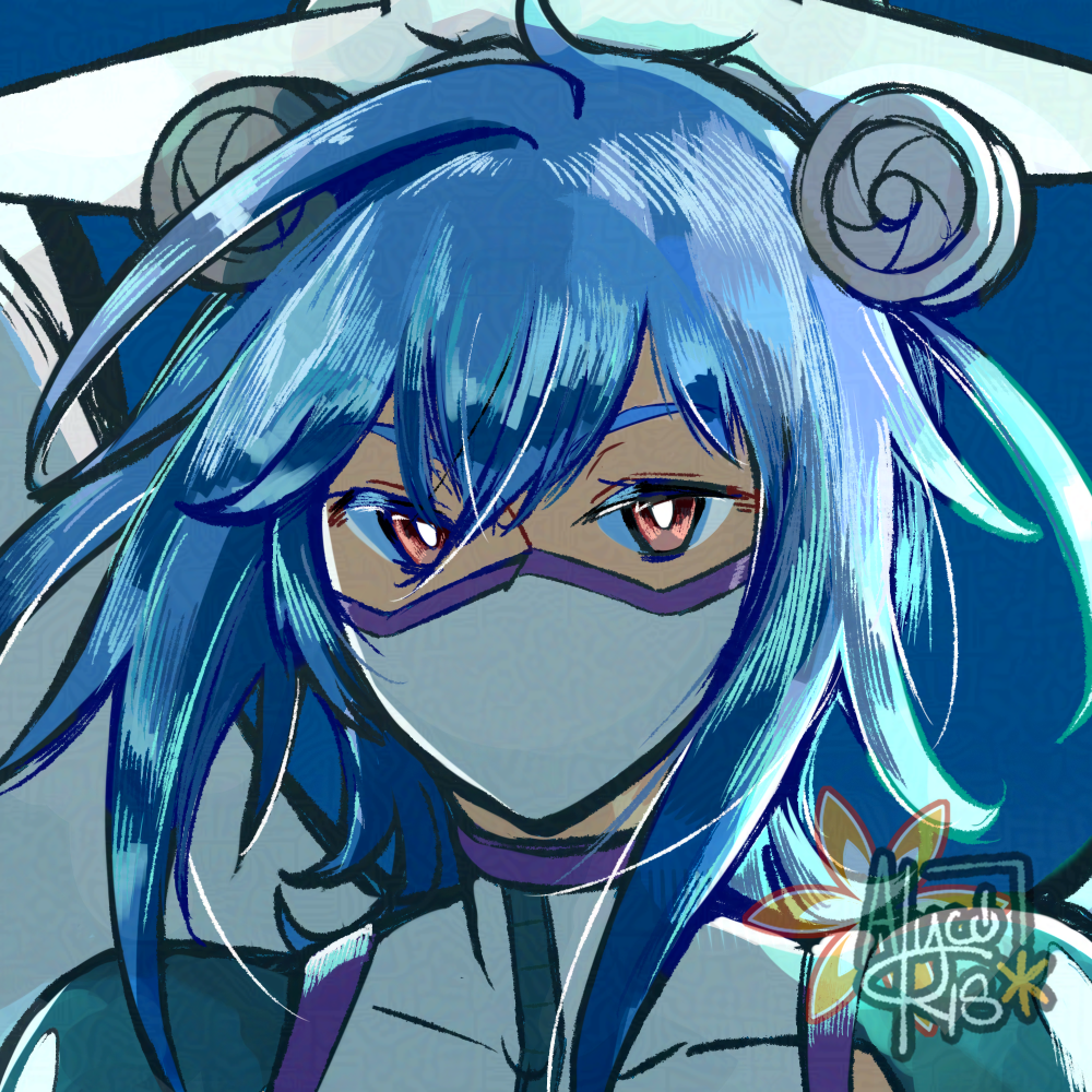 1girl, airplane_hair_ornament, airplane_ornament, alycoris, blue_background, blue_hair, commentary, covered_mouth