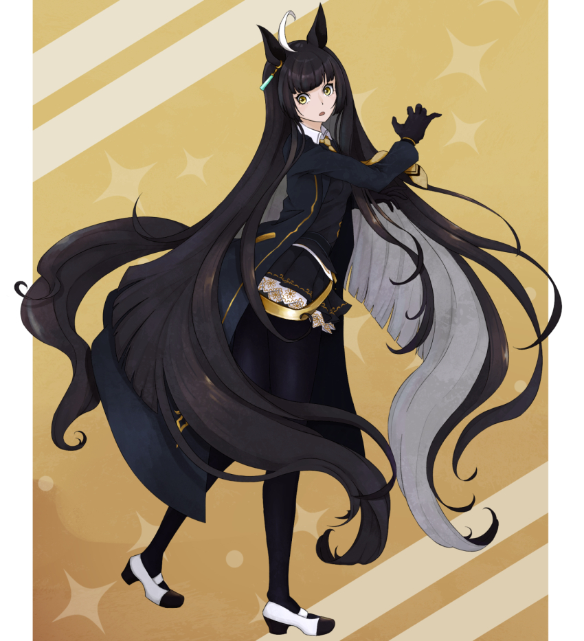 1girl, absurdly_long_hair, ahoge, alternate_hairstyle, animal_ears, black_coat, black_gloves, black_hair