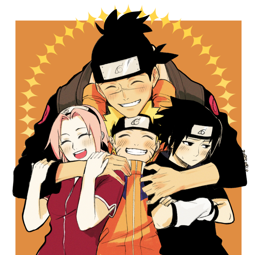 1girl, 3boys, black_eyes, black_hair, black_shirt, blonde_hair, crossed_arms, dated, dress, facial_mark, forehead_protector, haruno_sakura, highres, hug, jacket, konohagakure_symbol, long_sleeves, mosasaursun, multiple_boys, naruto_(classic), naruto_(series), orange_jacket, pink_hair, red_dress, scar, scar_on_face, shirt, short_sleeves, smile, sweatdrop, teacher_and_student, teeth, uchiha_sasuke, umino_iruka, upper_body, uzumaki_naruto, whisker_markings