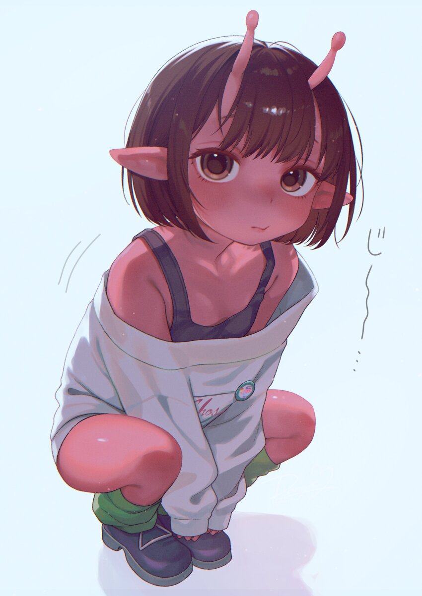 1girl, absurdres, antennae, bare_shoulders, blush, brown_eyes, brown_hair, camisole