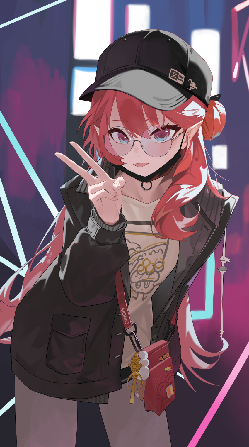 1girl, :d, abstract_background, absurdres, arknights, backlighting, bag, baseball_cap