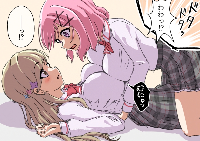 2girls, amaori_renako, blush, bow, bowtie, breast_press, breasts, brown_eyes