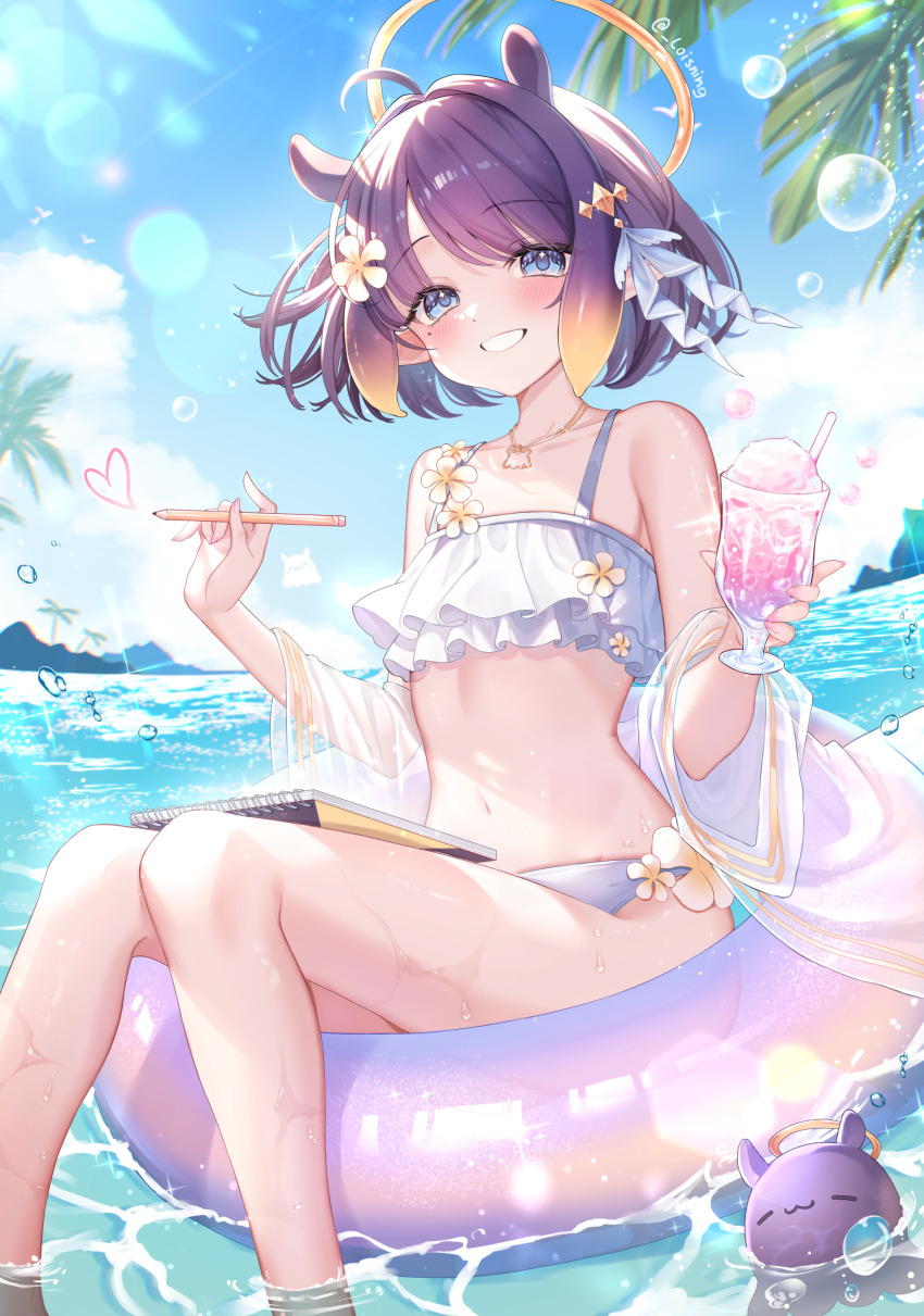 1girl, :d, absurdres, bikini, blue_eyes, commentary, cup, day, english_commentary, flat_chest, flower, frilled_bikini, frills, gradient_hair, grin, hair_flower, hair_ornament, halo, highres, holding, holding_cup, holding_pen, hololive, hololive_english, innertube, jewelry, knees_together_feet_apart, loisning, looking_at_viewer, multicolored_hair, navel, necklace, ninomae_ina'nis, ninomae_ina'nis_(holonatsu_paradise), ocean, official_alternate_costume, on_innertube, open_mouth, orange_hair, outdoors, pen, pointy_ears, purple_hair, revision, see-through_clothes, short_hair, sidelocks, sitting, sketchbook, smile, soaking_feet, stomach, swept_bangs, swim_ring, swimsuit, swimsuit_cover-up, takodachi_(ninomae_ina'nis), tentacle_hair, virtual_youtuber, white_bikini