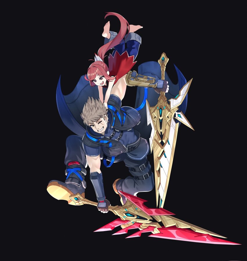 1boy, 1girl, aegis_sword_(xenoblade), age_difference, aged_down, barefoot, beard, black_pants