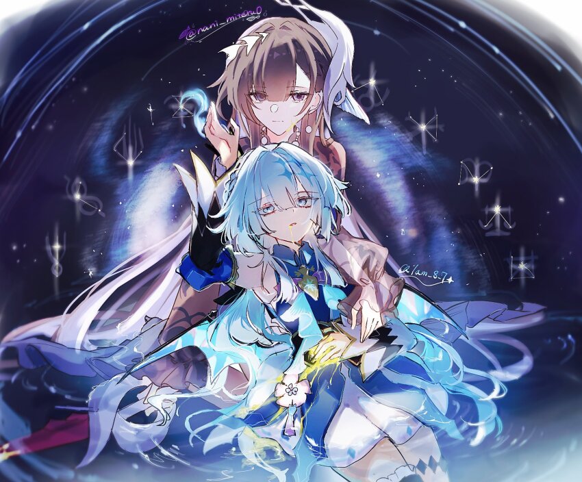 2girls, arm_around_another's_waist, black_hair, blood, blood_from_mouth, blue_dress, blue_eyes, blue_hair