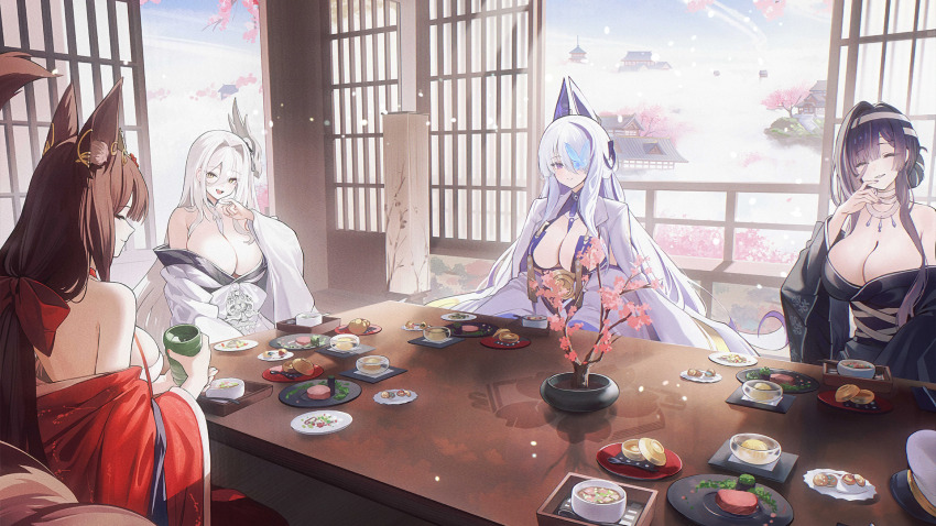 4girls, akagi_(azur_lane), animal_ears, asama_(azur_lane), azur_lane, black_dress, black_hair, bonsai