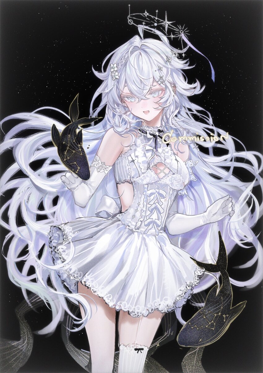 1girl, ahoge, bare_shoulders, clothing_cutout, commission, constellation, da_jins_rins, dress