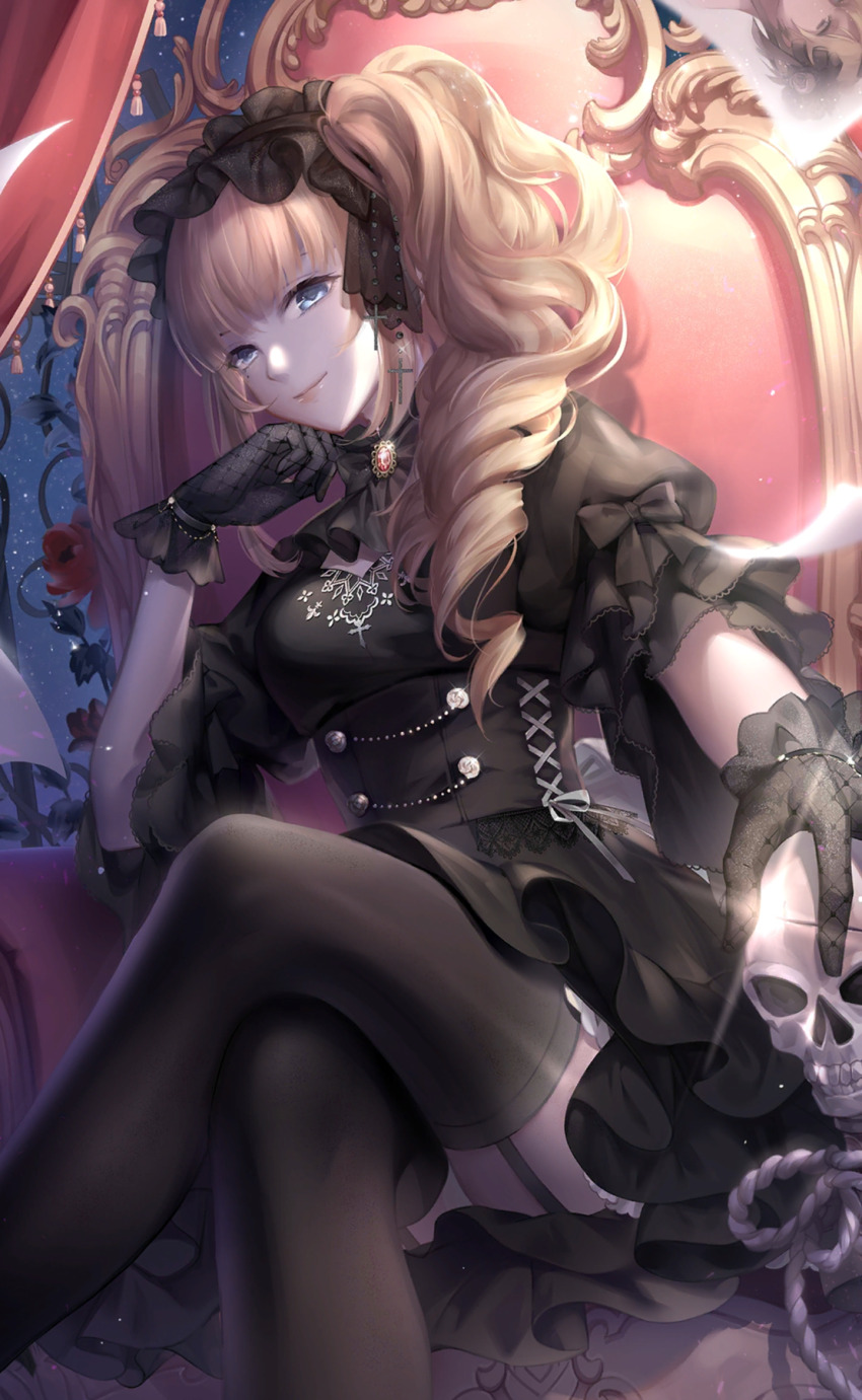 1girl, artist_request, black_bow, black_bowtie, black_corset, black_dress, black_gloves, black_hairband