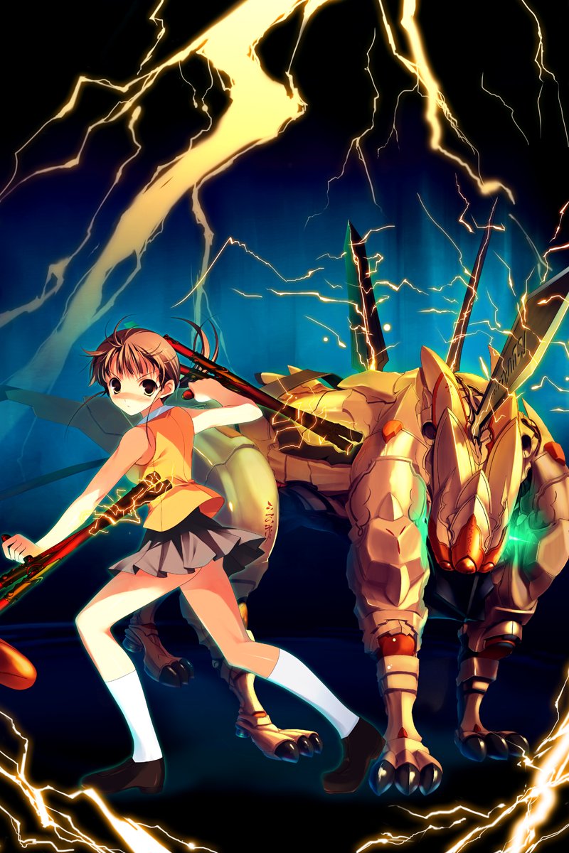 00s, 1girl, bare_shoulders, blush, brown_eyes, brown_hair, creature, electricity, female_focus, fighting_stance, full_body, harry, highres, higurashi_akane, kneehighs, loafers, looking_at_viewer, mai_hime:_the_another, my-hime, shoes, sleeveless, socks, solo, standing, thighs, white_socks