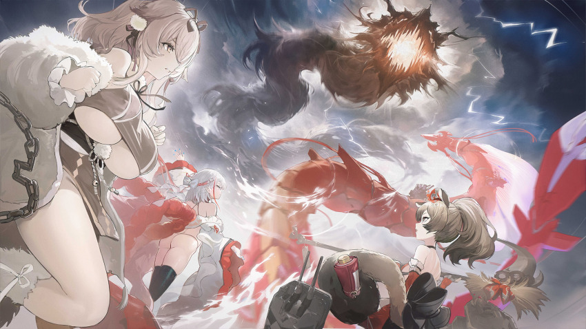 3girls, animal_ears, azur_lane, breasts, chain, dress, fighting_stance, fox_ears