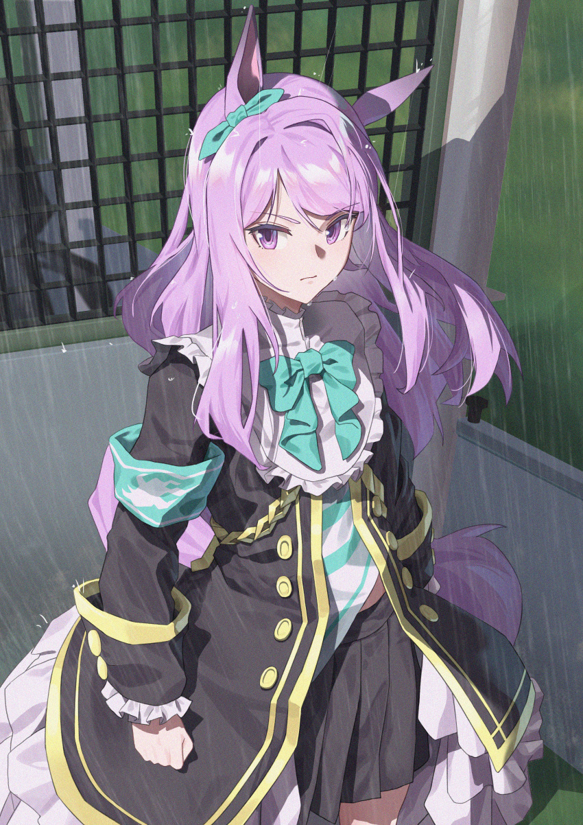 1girl, absurdres, animal_ears, aqua_bow, black_jacket, black_skirt, bow, clenched_hand