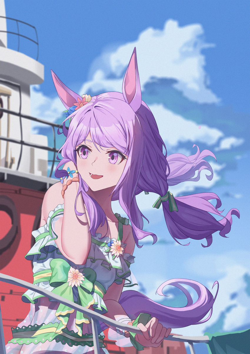 1girl, absurdres, animal_ears, bare_shoulders, blue_bow, blush, boat, bow