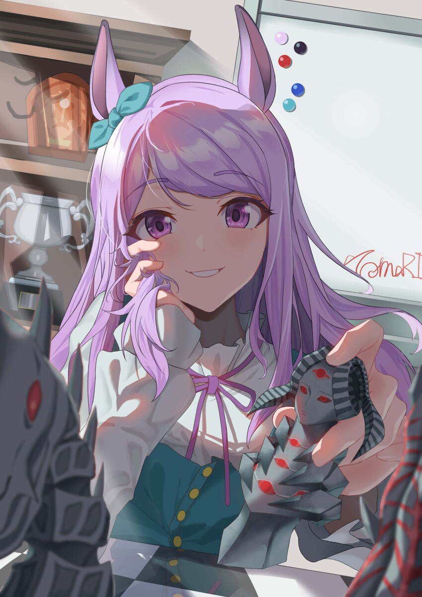 1girl, absurdres, animal_ears, blue_bow, blue_dress, blush, bow, chess_piece