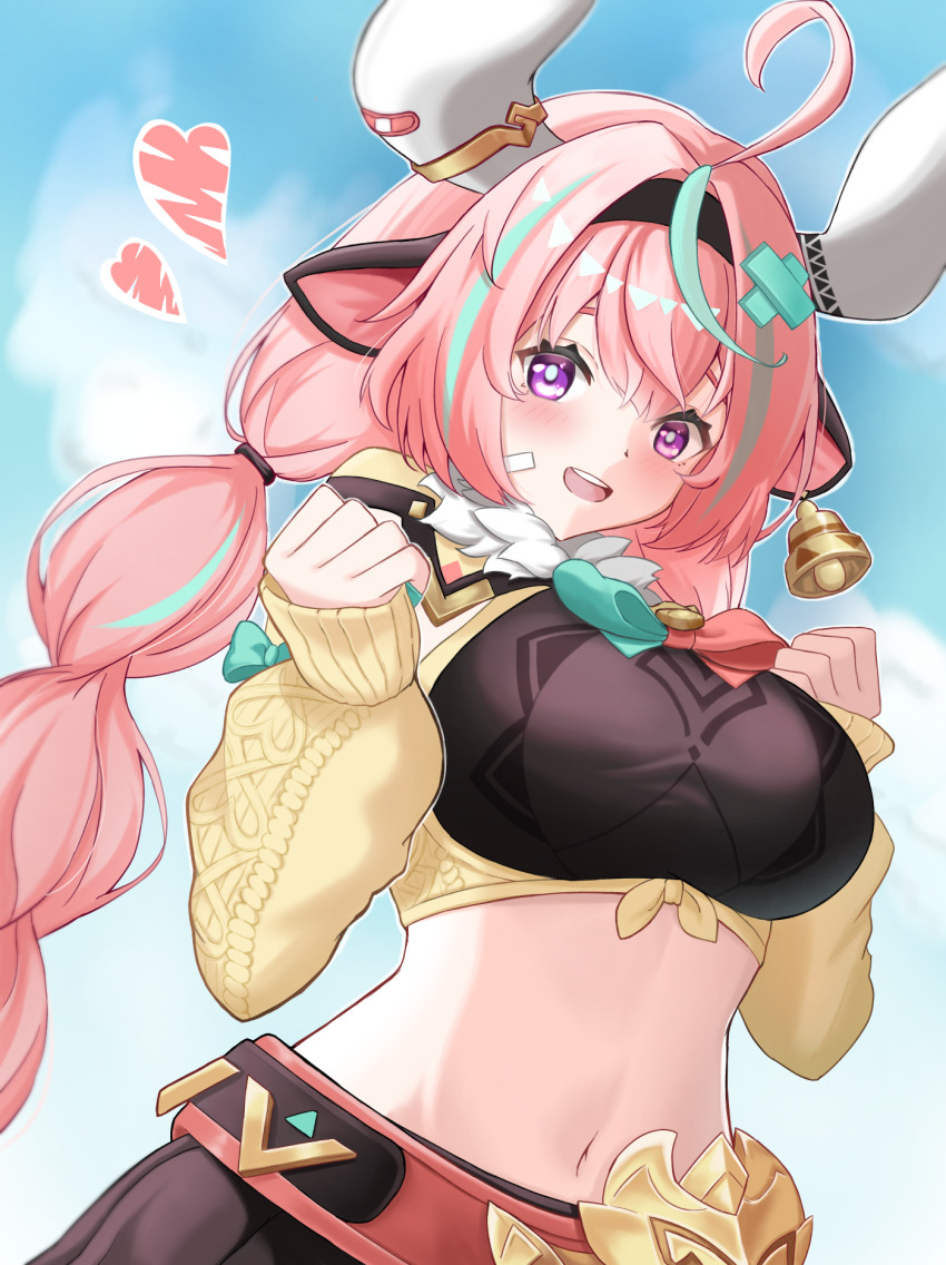 1girl, ahoge, animal_ears, aqua_hair, bell, black_skirt, braid, breasts, bright_pupils, cow_ears, cow_girl, cow_horns, cowbell, detached_sleeves, genshin_impact, hairband, heart, highres, horns, large_breasts, long_hair, looking_at_viewer, mako_(cvyt5325), multicolored_hair, navel, open_mouth, pink_hair, purple_eyes, skirt, sleeves_past_wrists, solo, stomach, streaked_hair, teeth, twin_braids, upper_body, upper_teeth_only, varesa_(genshin_impact), yellow_sleeves