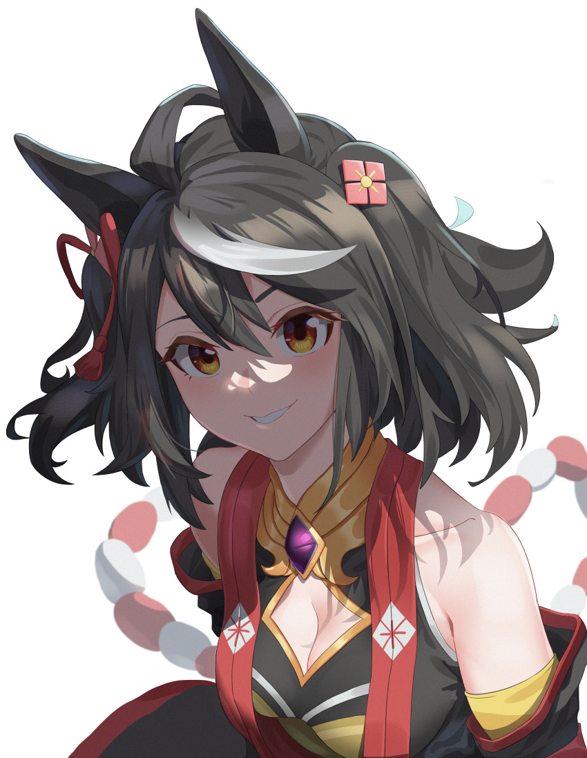 1girl, absurdres, animal_ears, bare_shoulders, black_hair, black_kimono, breasts, brown_eyes