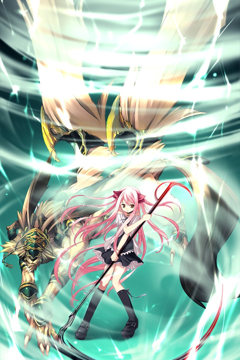 00s, 1girl, amakawa_sakuya, bare_shoulders, black_shoes, black_socks, buckle, choker, circus_(studio), female_focus, full_body, highres, kneehighs, long_hair, mai_hime:_the_another, monster, my-hime, official_art, pink_hair, scythe, shoes, socks, solo, unmei_no_keitouju, very_long_hair, wings