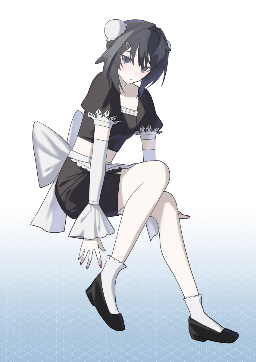 1girl, 55555may, absurdres, alternate_costume, apron, arknights, black_hair, black_shoes, black_skirt, bow, bun_cover, commentary_request, detached_sleeves, feather_hair, frilled_socks, frills, grey_eyes, highres, la_pluma_(arknights), looking_at_viewer, maid_apron, midriff, puffy_short_sleeves, puffy_sleeves, red_nails, shoes, short_hair, short_sleeves, skirt, socks, solo, white_bow, white_sleeves, white_socks