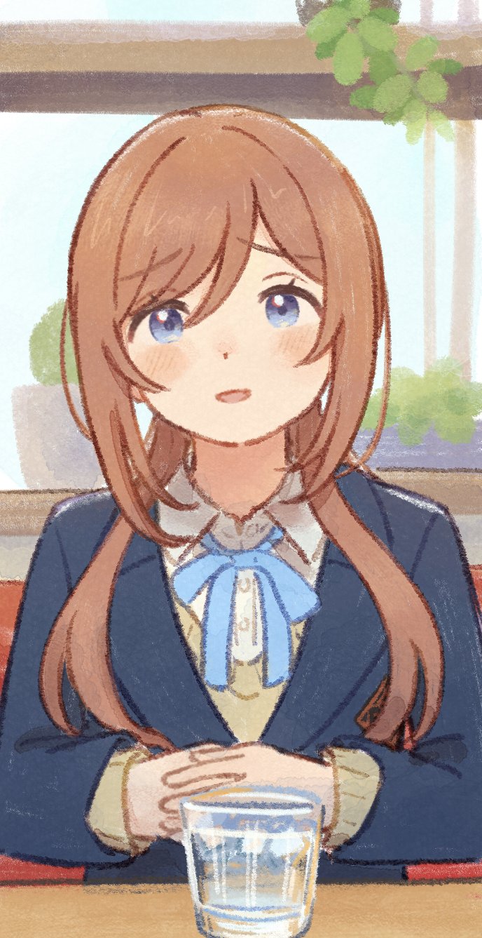 1girl, blazer, blue_eyes, blue_jacket, blue_ribbon, blush, brown_hair, brown_sweater