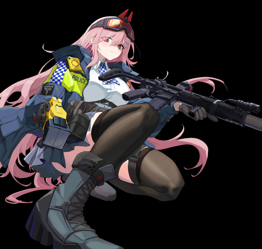 1girl, absurdres, assault_rifle, black_background, black_boots, black_thighhighs, blue_jacket, boots