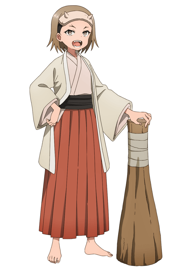 1girl, anime_coloring, black_sash, breasts, brown_eyes, brown_hair, brown_hakama, club_(weapon)